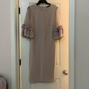 Sand color sweater dress, size medium. Sheer sleeves with ruffles. Elegant.